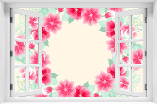 Fototapeta Naklejka Na Ścianę Okno 3D - Floral round frame from cute flowers of hibiscus. Vector greeting card template. Design artwork for the poster, tee shirt, pillow, home decor. Tropical flowers with green leaves.