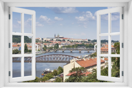 Prague city landscape. View from Visegrad. Bridges of Prague in sunny day. 
