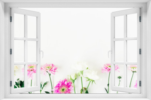 Fototapeta Naklejka Na Ścianę Okno 3D - Frame made of pink and white flowers isolated on white background. Floral composition. Flat lay, top view.