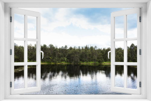 Fototapeta Naklejka Na Ścianę Okno 3D - Rural summer landscape view of forest lake and green summer forest trees in sunny weather.