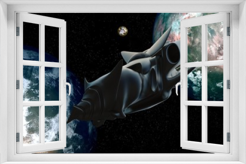 Fototapeta Naklejka Na Ścianę Okno 3D - Extremely detailed and realistic high resolution 3D illustration of an Alien UFO Space Ship flying from an Earth like Exoplanet. Shot from Space. Elements of this image are furnished by Nasa.