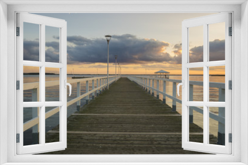 Fototapeta Naklejka Na Ścianę Okno 3D - Sunset on the lake, wooden, white pier