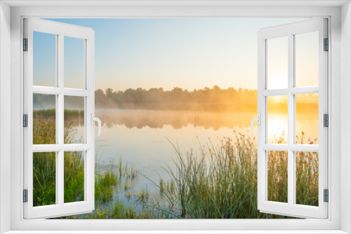 Fototapeta Naklejka Na Ścianę Okno 3D - Shore of a misty lake at sunrise in summer