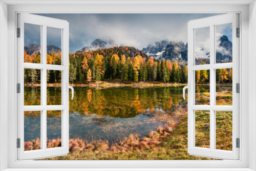 Fototapeta Naklejka Na Ścianę Okno 3D - Sunny outdoor scene on Antorno lake. Colorful autumn morning in Dolomite Alps, National Park Tre Cime di Lavaredo, Italy, Europe. Artistic style post processed photo.
