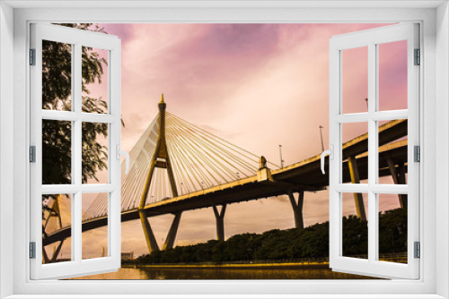 Fototapeta Naklejka Na Ścianę Okno 3D - タイ　バンコク：夕焼けのプミポン橋、チャオプラヤ川 (Bhumibo l Bridge)