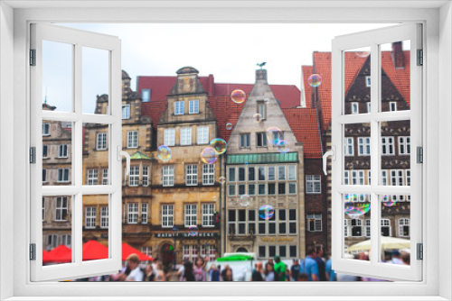Fototapeta Naklejka Na Ścianę Okno 3D - View of Bremen market square with Town Hall, Roland statue and crowd of people, historical center, Germany