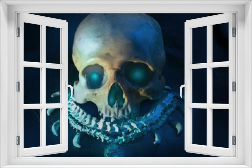 Fototapeta Naklejka Na Ścianę Okno 3D - Skull / View of skull with snake backbone necklace on dark background.