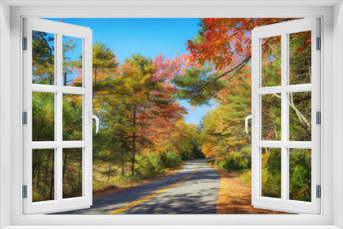 Fototapeta Naklejka Na Ścianę Okno 3D - Winding road curves through colorful autumn foliage in New England