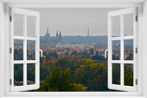 Fototapeta Naklejka Na Ścianę Okno 3D - europe, prague, city, panorama, landscape, view, city, cityscape, trees, foggy, autumn