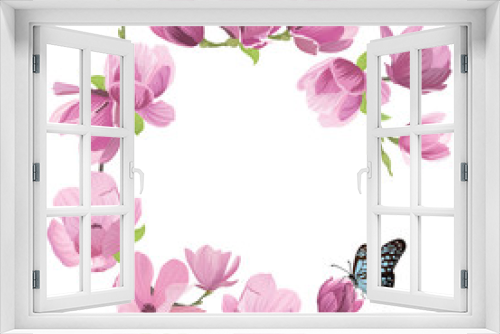 Fototapeta Naklejka Na Ścianę Okno 3D - Magnolia flowers with a butterfly on white background. Vector set of blooming floral for wedding invitations and greeting card design.
