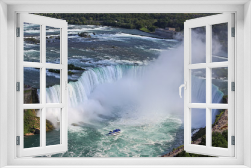 Fototapeta Naklejka Na Ścianę Okno 3D - Horseshoe Falls in Niagara and Maid of the Mist boat, aerial view