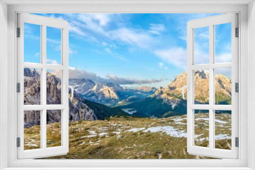 Fototapeta Naklejka Na Ścianę Okno 3D - Panoramic view at the mountains from south side Tre Cime di Lavaredo in Dolomites