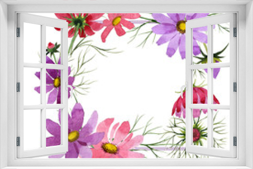 Fototapeta Naklejka Na Ścianę Okno 3D - Wildflower kosmeya flower frame in a watercolor style. Full name of the plant: kosmeya. Aquarelle wild flower for background, texture, wrapper pattern, frame or border.