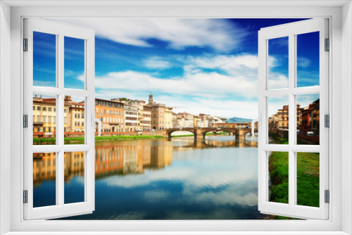 Fototapeta Naklejka Na Ścianę Okno 3D - old town, bridges and river Arno reflecting in water at summer day, Florence, Italy, retro toned