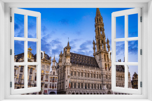 Morning view of the Town Hall in the Grand Place of  Brussels, Belgium.