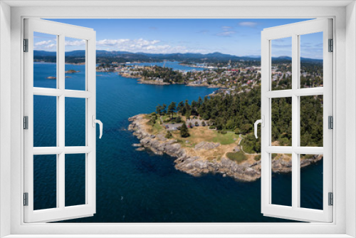 Fototapeta Naklejka Na Ścianę Okno 3D - Aerial panoramic landscape view of a beautiful rocky shore on Pacific Coast. Taken in Saxe Point Park, Victoria, Vancouver Island, British Columbia, Canada.
