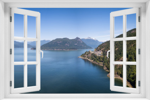 Fototapeta Naklejka Na Ścianę Okno 3D - Aerial Panoramic Landscape view of Howe Sound and Sea to Sky Highway. Taken North of Vancouver, British Columbia, Canada, during a sunny summer day.