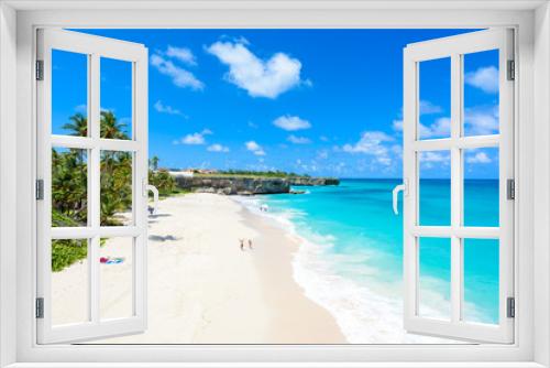 Fototapeta Naklejka Na Ścianę Okno 3D - Bottom Bay, Barbados - Paradise beach on the Caribbean island of Barbados. Tropical coast with palms hanging over turquoise sea. Panoramic photo of beautiful landscape.