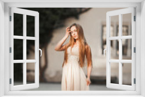 Beautiful girl, model with long hair posing in old castle near columns. Krakow Vavel