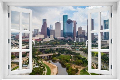 Fototapeta Naklejka Na Ścianę Okno 3D - Aerial view of skyline downtown Houston building city, at buffalo bayou park, Houston, Texas, USA