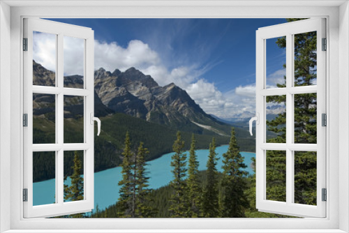 Fototapeta Naklejka Na Ścianę Okno 3D - View of the wooded shoreline of Peyto Lake and Bow Valley with Mount Patterson in the background, Waputik Mountains, Banff National Park, Alberta, Canada, North America