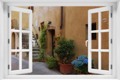 Fototapeta Naklejka Na Ścianę Okno 3D - Traditional façade of Italian house in the small magical and old village of Pienza, Val D'Orcia Tuscany – Italy