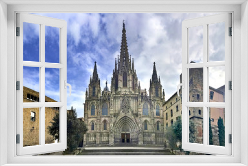 Panorama of Gothic Barcelona Cathedral with dramatic colors