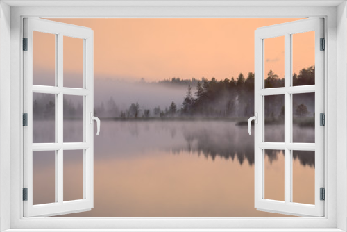 Fototapeta Naklejka Na Ścianę Okno 3D - Misty lake and woods at dusk