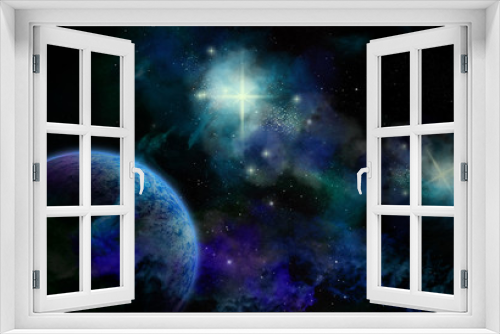 Fototapeta Naklejka Na Ścianę Okno 3D - Original 2D illustration. Space fantasy scene. Alien galaxy, planets, nebula and space clouds.