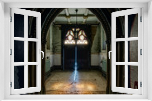 Fototapeta Naklejka Na Ścianę Okno 3D - Arched Entry and Front Door with Stained Glass Transom - Abandoned Church - New York
