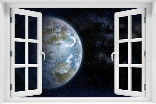 Fototapeta Naklejka Na Ścianę Okno 3D - 3D Rendering of Earth from space on a starfield backdrop with the North American continent in daylight, for science, business and space-related backgrounds. 