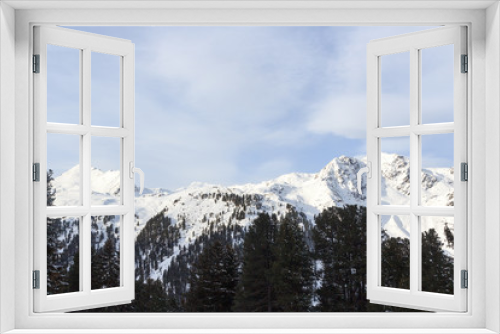 Fototapeta Naklejka Na Ścianę Okno 3D - Mountain panorama with snow, trees and blue sky in winter in Stubai Alps, Austria