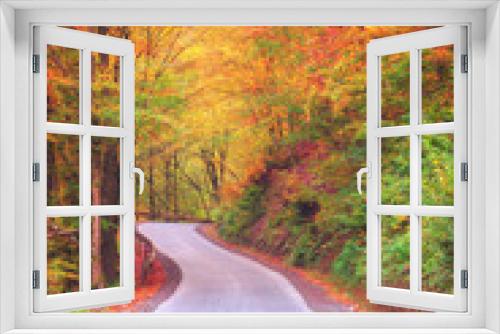 Fototapeta Naklejka Na Ścianę Okno 3D - Narrow winding road in autumn forest, nature bright colorful landscape, vertical image