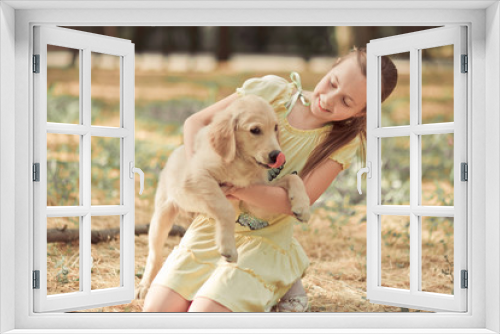 Fototapeta Naklejka Na Ścianę Okno 3D - Retriever pup Lovely scene cute young teen girl enjoying posing summer time vacation with best friend dog ivory white labrador puppy.Happy airily careless childhood life world of dreams with puppies