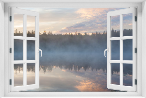 Fototapeta Naklejka Na Ścianę Okno 3D - Foggy morning at forest pond landscape Finland