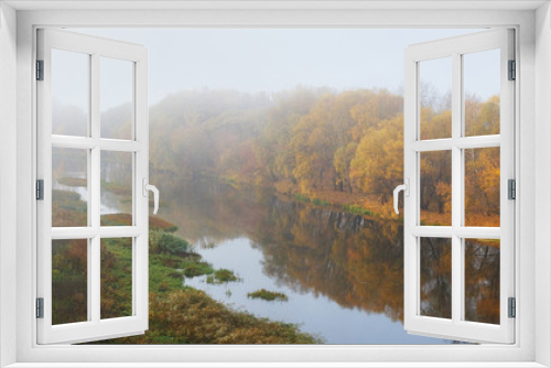 Fototapeta Naklejka Na Ścianę Okno 3D - Autumn landscape with foggy mood weather on the river