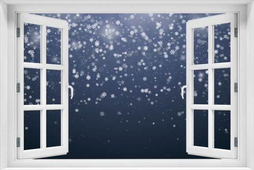 Snowflakes, realistic christmas snow, happy new year background, falling snow flake, white dust, blizzard, xmas vector illustration, overlay winter texture, lights. Isolated on transparent background