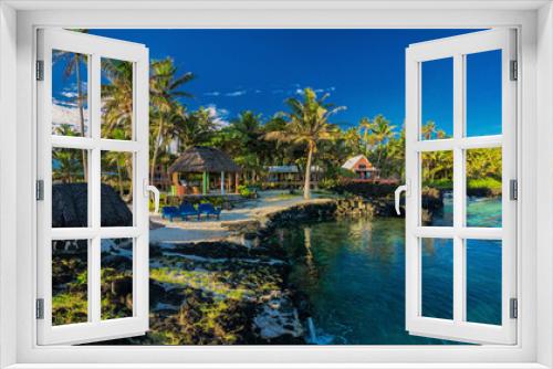 Fototapeta Naklejka Na Ścianę Okno 3D - Panoramic holoidays location with coral reef and palm trees, Upolu, Samoa Islands.