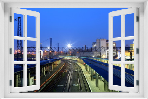 Fototapeta Naklejka Na Ścianę Okno 3D - The picturesque railway station in city Dnipro at night, (Dnepropetrovsk, Dnipropetrovsk, Dnepr) Ukraine..