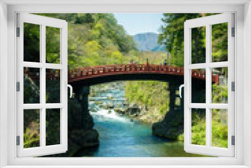 Fototapeta Naklejka Na Ścianę Okno 3D - Japan traditional wooden arch bridge over river