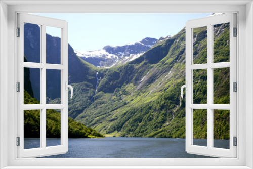 Fototapeta Naklejka Na Ścianę Okno 3D - Green mountains and Waterfalls in Sognefjord Scandinavia. Norway