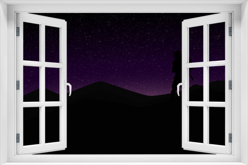 Fototapeta Naklejka Na Ścianę Okno 3D - Silhouette of Mountaineer in front of Violet Starry Sky