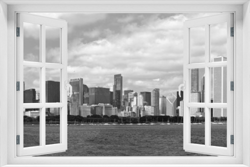 Fototapeta Naklejka Na Ścianę Okno 3D - A black and white panoramic view of the Skyline of the city of Chicago, Illinois.