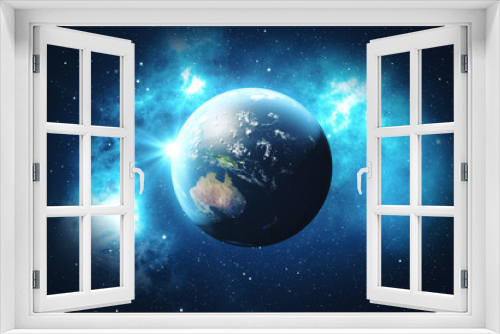 Fototapeta Naklejka Na Ścianę Okno 3D - 3D Rendering World Globe. Earth Globe with Backdrop Stars and Nebula. Earth, Galaxy and Sun From Space. Blue Sunrise. Elements of this image furnished by NASA