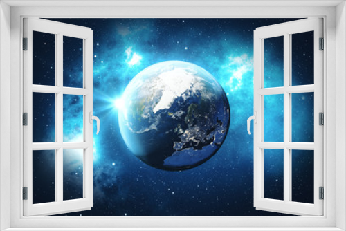Fototapeta Naklejka Na Ścianę Okno 3D - 3D Rendering World Globe from Space. Blue Sunrise View From Space. Showing Night Sky With Stars and Nebula. Elements of this image furnished by NASA.