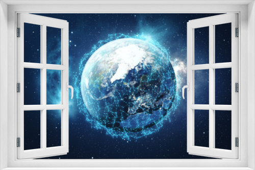 Fototapeta Naklejka Na Ścianę Okno 3D - 3D Rendering Global Network Background. Connection Lines with Dots Around Earth Globe. Global International Connectivity. Earth from Space With Stars and Nebula. Elements of this image furnished by