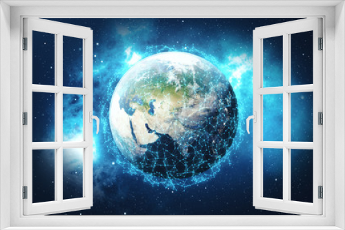 Fototapeta Naklejka Na Ścianę Okno 3D - 3D Rendering Global Network Background. Connection Lines with Dots Around Earth Globe. Global International Connectivity. Earth from Space With Stars and Nebula. Elements of this image furnished by