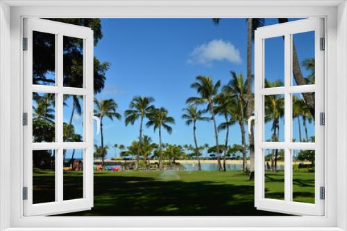 Fototapeta Naklejka Na Ścianę Okno 3D - Beautiful views of Waikiki Beach with impressive palm trees.. Oahu, Hawaii, USA, EEUU.