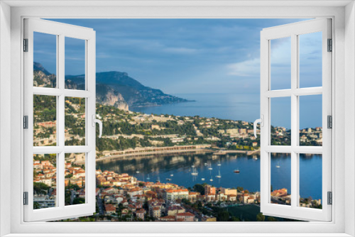 Fototapeta Naklejka Na Ścianę Okno 3D - aerial panoramic top view of surrounding hills. view of coastline and beach with blue sky luxury resort and bay with yachts Nice port. Travel in French Riviera