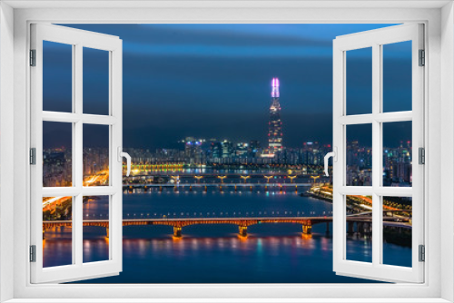 Fototapeta Naklejka Na Ścianę Okno 3D - Morning Skyline Lotte World mall on the Han River Ganges In South Korea  ทวีปเอเชียทวีปเอเซียเอเชียความเป็นมาฉากหลังปูมหลังพื้นหลังภาพพื้นเดิมพื้นเพเดิมภูมิหลังรกรากเดิมหัวนอนปลายตีนเบื้องหน้าเบื้องหล